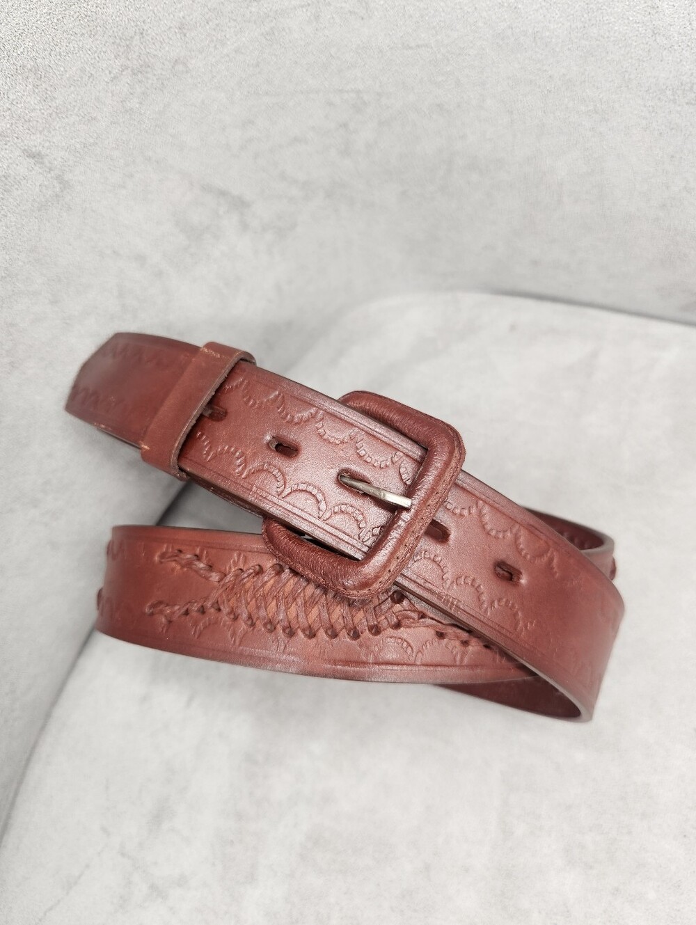 Handmade belt men's 42 brown leather Scorpion artsy southwestern western woven
